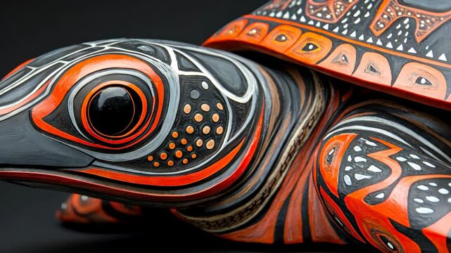 Handcrafted wooden turtle sculpture showcasing intricate patterns and vibrant colors with a black background