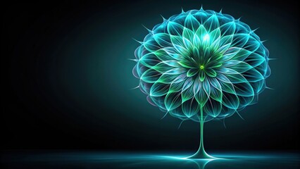 Obraz premium Abstract surreal alien flower in organic spherical lines forms with azure green gradient on black background, render