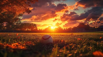 Baseball sits on the grass at sunset. Golden hour colors illuminate the field and sky.