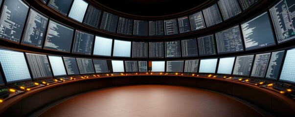 Fototapeta premium A futuristic control room filled with multiple screens displaying data, creating a high-tech environment for monitoring and analysis.