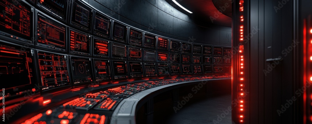 Poster a high-tech control room featuring multiple screens, illuminated by red lights, creating a futuristi