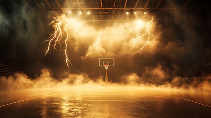 Dramatic basketball court scene with lightning and fog. Intense and atmospheric.