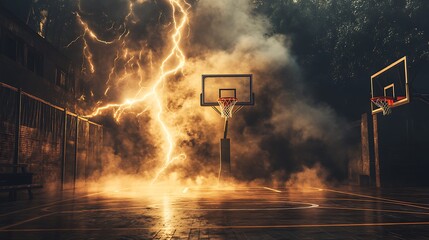 Dramatic lightning illuminates an outdoor basketball court at night. The scene is intense and atmospheric.