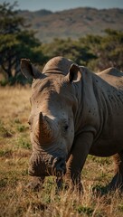 Fototapeta premium Two rhinos grazing with their backs to the camera in South Africa.