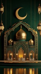 Obraz premium Majestic Ramadan Celebration: Golden Mosque Under Crescent Moon