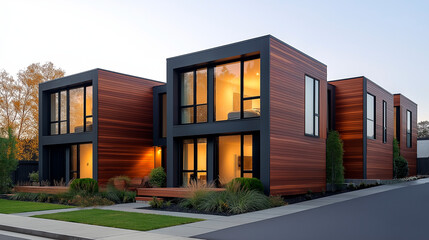 Modern modular private townhouses. Residential architecture exterior.