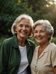Two senior women enjoying nature and smiling.