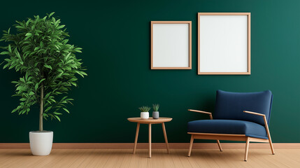 Navy blue armchair near wall with blank frames. Minimalist interior design of modern living room.