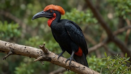 Two Southern ground hornbills perched on a branch.