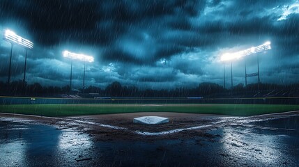Rainy night at the baseball field.  Dark clouds and rain create a dramatic scene.