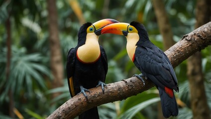 Fototapeta premium Two toucans on a palm tree branch in a tropical forest.