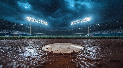 Rainy night at the baseball stadium. Pitcher's mound under the lights.