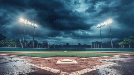 Rain delay. A baseball field under a stormy sky.