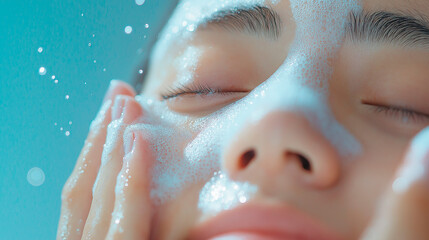 Naklejka premium Portrait of Asian woman applying foam for washing on her face with attractive appearance. Skincare spa relax concept.