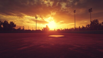 Golden hour at the baseball field.  The pitcher's mound is silhouetted against the setting sun.