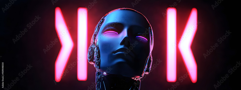 Poster the backdrop of a 3d humanoid ai robot in the metaverse cyberspace digital world, symbolizing the re