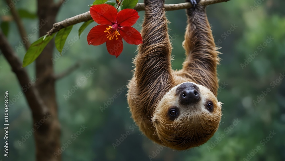 Poster two-toed sloth hanging from a branch with a red flower.