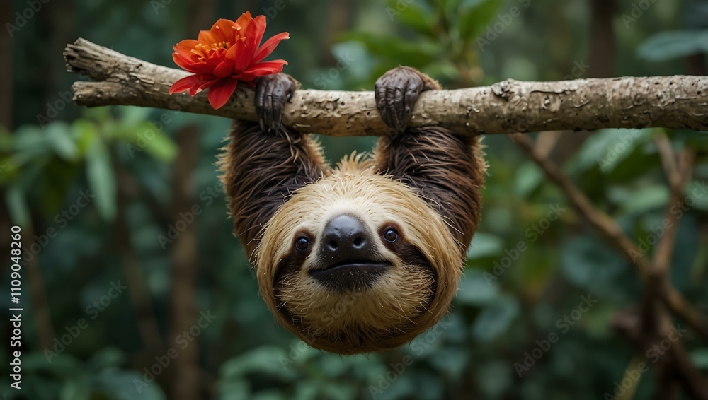 Poster two-toed sloth hanging from a branch with a red flower.