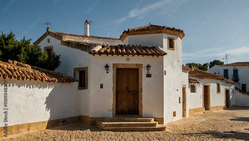 Poster typical algarve architecture with rustic buildings.