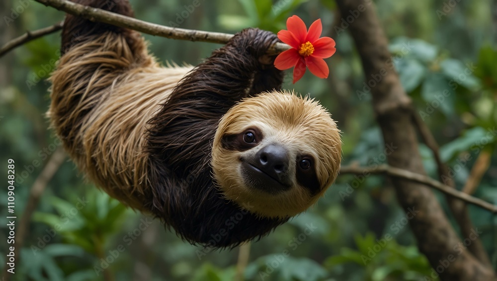 Poster two-toed sloth hanging from a branch with a red flower.