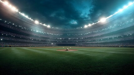 Night baseball game at a full stadium.