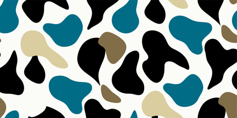 Fototapeta premium Irregular geometric shapes in black, beige, and green create a modern and abstract seamless pattern, perfect for backgrounds, banners, and various design applications