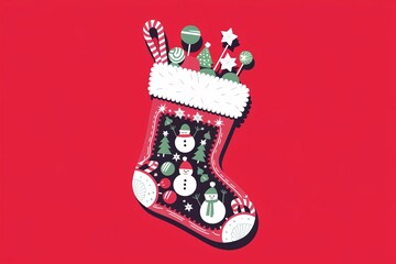 A creative Christmas stocking cutout filled with ornaments and candies on a bright red backdrop, embodying holiday spirit and festive cheer