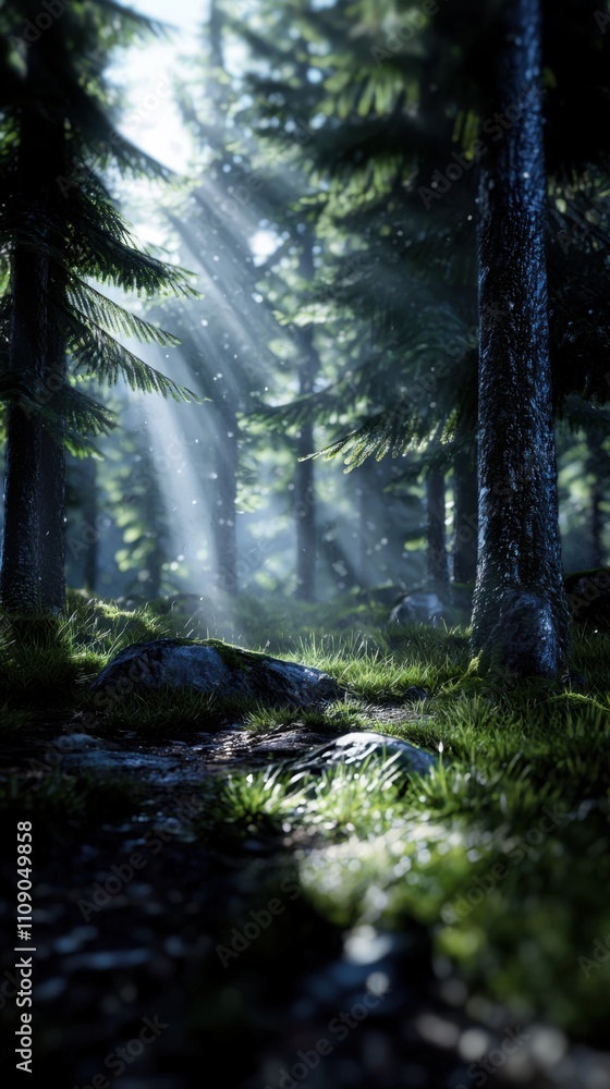 Poster a forest with a path through it and a rock on the path
