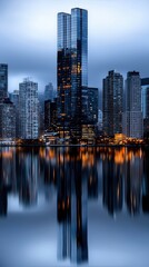 Fototapeta premium A city skyline is reflected in the water