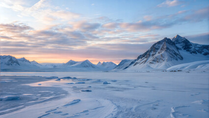 Arctic landscape with endless snow and ice under pastel skies for winter meditation
