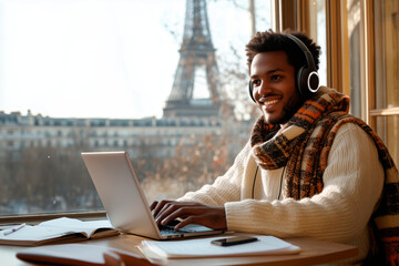 A cheerful man wearing headphones and a scarf works on a laptop in a cozy setting with a view of the Eiffel Tower. Perfect for themes of remote work, learning, and travel