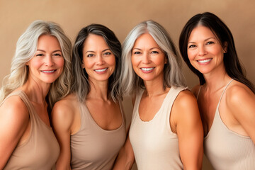 Fototapeta premium Four confident and radiant mature women smiling warmly, showcasing natural beauty and friendship, dressed in neutral tones against a soft background. 
