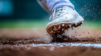 Close-up of a baseball player's cleat kicking up dust on the field.