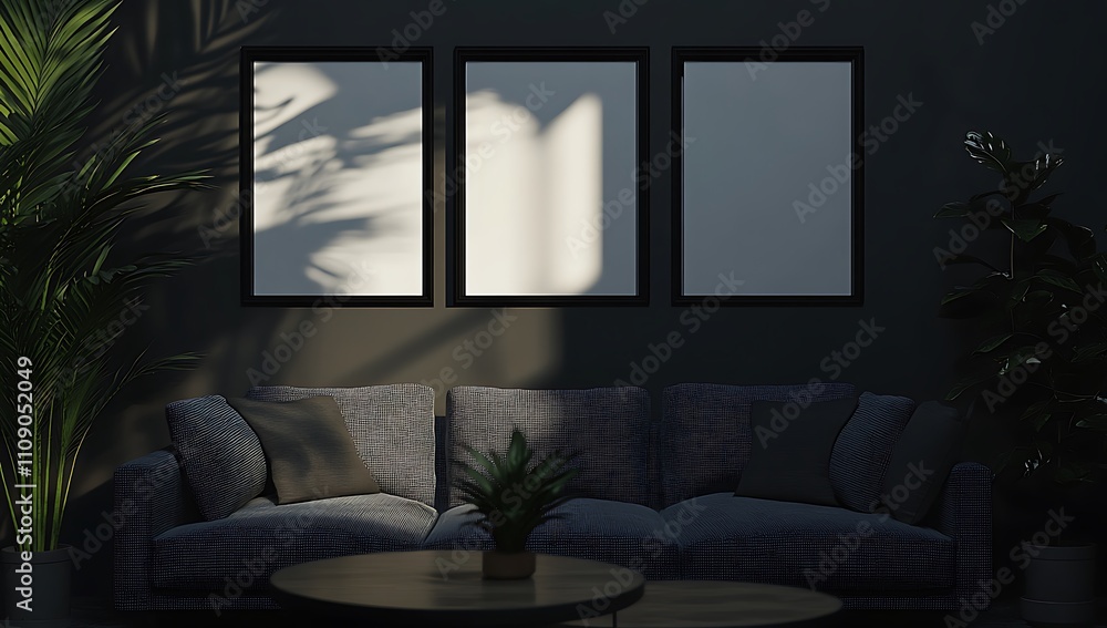 Poster a cozy living room scene featuring a patterned couch, a round coffee table, and three empty frames o