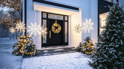 Winter entrance decorated for Christmas with snowflakes, wreaths, and sparkling lights in a snowy landscape