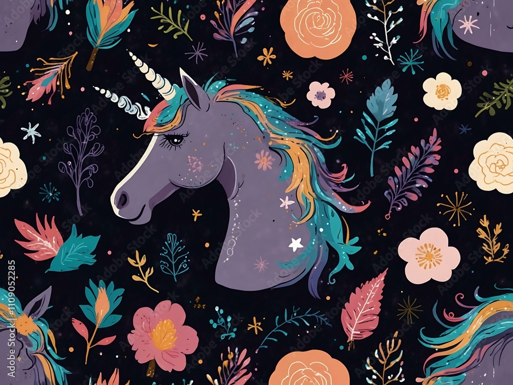 Poster unicorn background with magical elements.