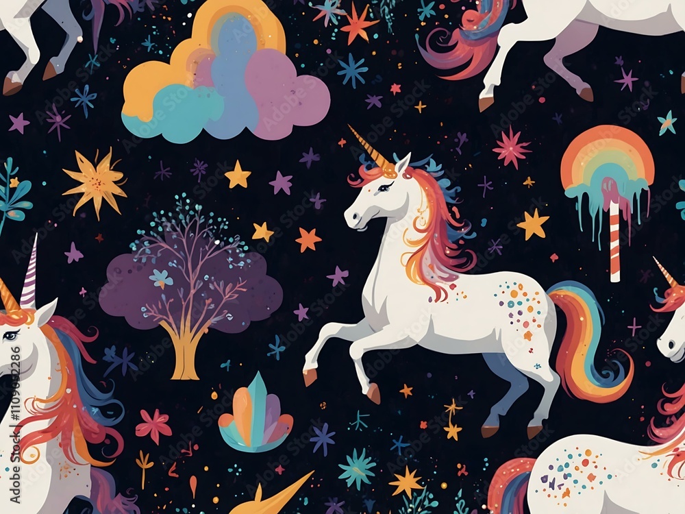 Poster unicorn background with magical elements.