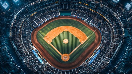 Night baseball game at a full stadium. The view from above is stunning.