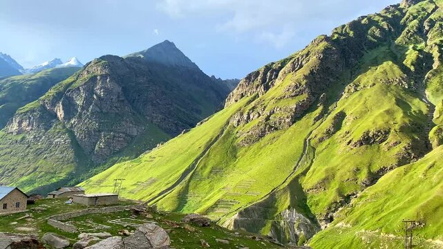 Beautiful himalayan mountain landscape in the evening at jabber point and chenab river in Lahaul, Gramphu-Batal-Kaza road himachal pradesh, India