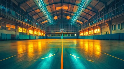 Fototapeta premium Empty basketball court at night. Warm lighting reflects on the polished floor.