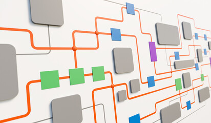 Close-up business flow chart, organigram. Connected lines, and geometric shapes. Stragey, map, plan, chart, node tree, conncection in process. 3D illustration