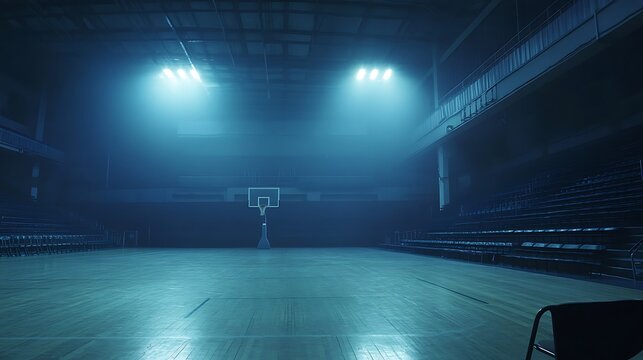 Empty basketball court at night, bathed in cool blue light. A single hoop stands center court, under the spotlights.