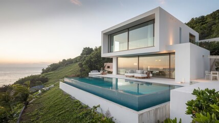 Fototapeta premium Modern Coastal Villa with Infinity Pool and Scenic Ocean Views. Stunning contemporary villa perched on a hillside, featuring an infinity pool and breathtaking ocean views at sunset.