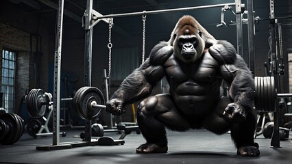 A strong gorilla demonstrating strength and power in a gym by hoisting a huge barbell. Themes of fitness, willpower, and animalism are conveyed by this unusual image.-