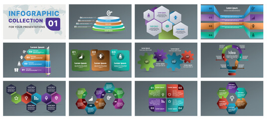 A modern infographic template featuring a collection of geometric shapes, flow diagrams, and progress charts. Ideal for business presentations, marketing strategies, and data analysis, flat design