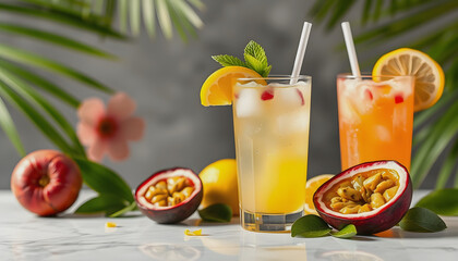 Lemonade or tropical cocktail with lemon, passion fruit, Tropical drink for summer party with a white accent, png