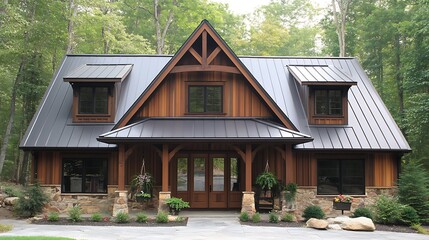 A stunning modern mountain home with a dark metal roof and cedar siding.