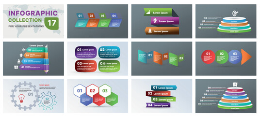 A modern infographic template featuring a collection of geometric shapes, flow diagrams, and progress charts. Ideal for business presentations, marketing strategies, and data analysis, flat design