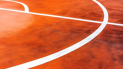 Close-up view of an outdoor basketball court's markings. The vibrant orange surface contrasts sharply with the crisp white lines.