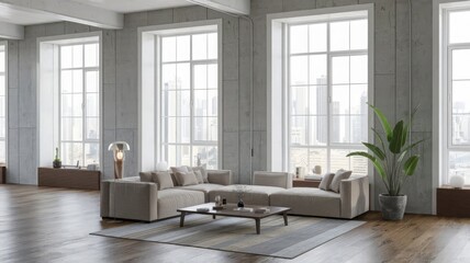 Obraz premium Contemporary Living Room with Urban View. Stylish living room featuring large windows, modern decor, and a stunning urban skyline. A perfect blend of comfort and design.